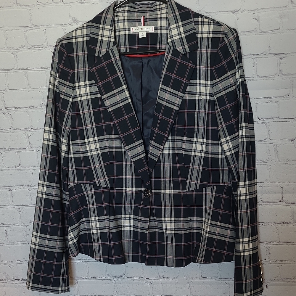 Tommy Hilfiger Size 10 Navy Plaid One Button Blazer Jacket